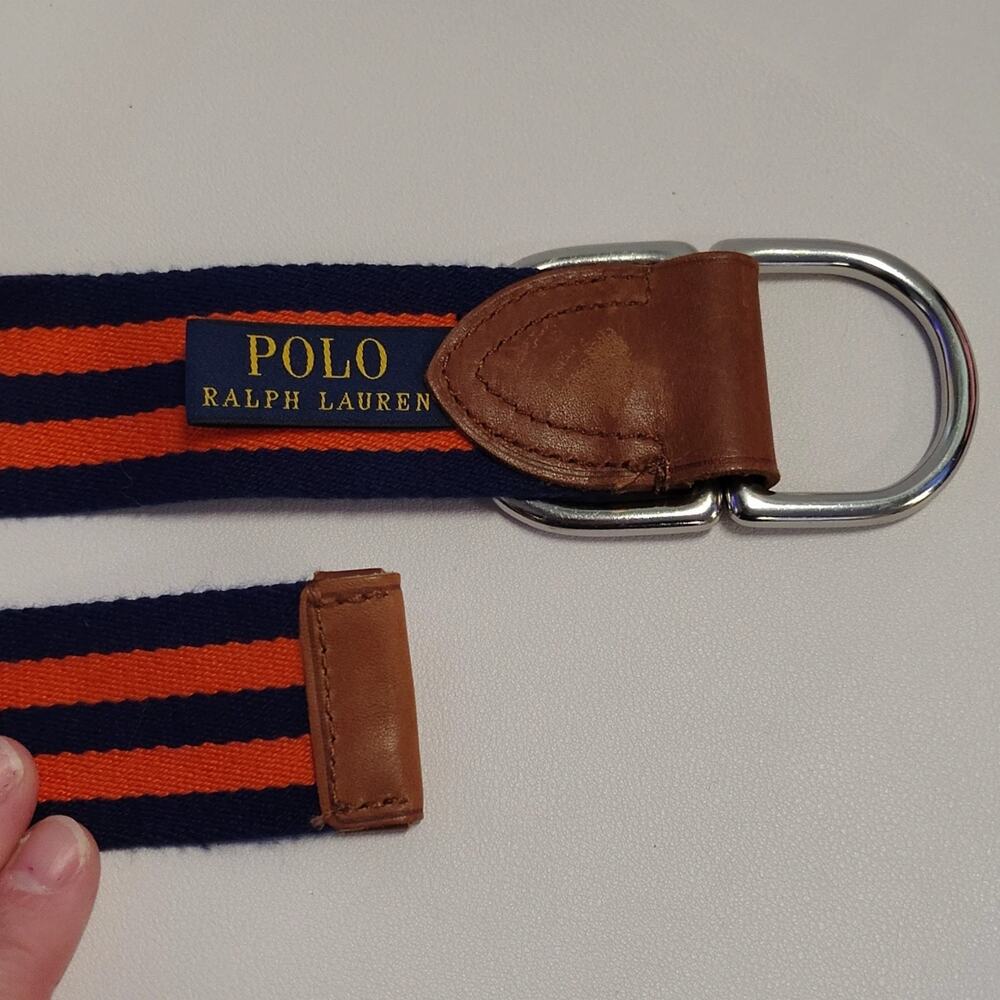 Polo Ralph Lauren Striped D-Ring Belt Navy Blue Orange Canvas Leather Trim 43" - Picture 5 of 8